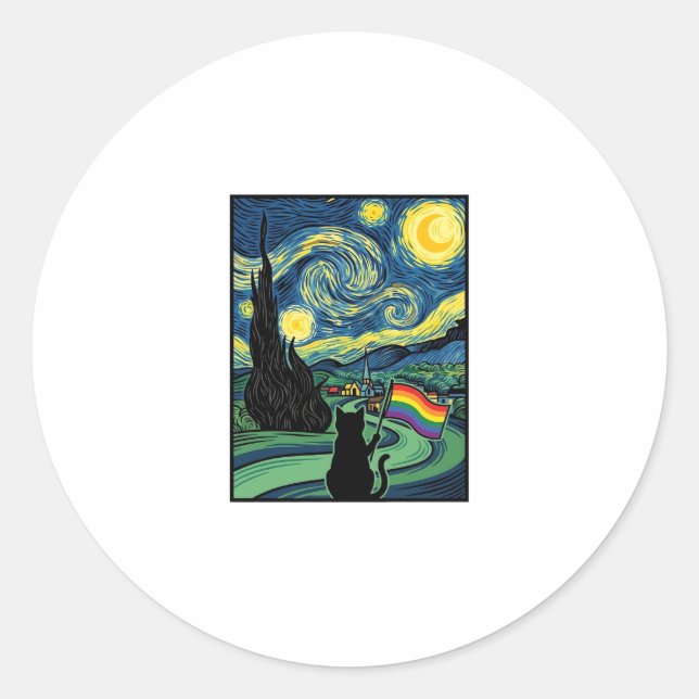 Rainbow Cat Night Landscape Vector Shirt Design_1 Classic Round Sticker (Front)