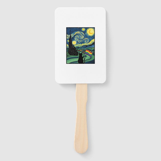 Rainbow Cat Night Landscape Vector Shirt Design_1 Hand Fan (Front)