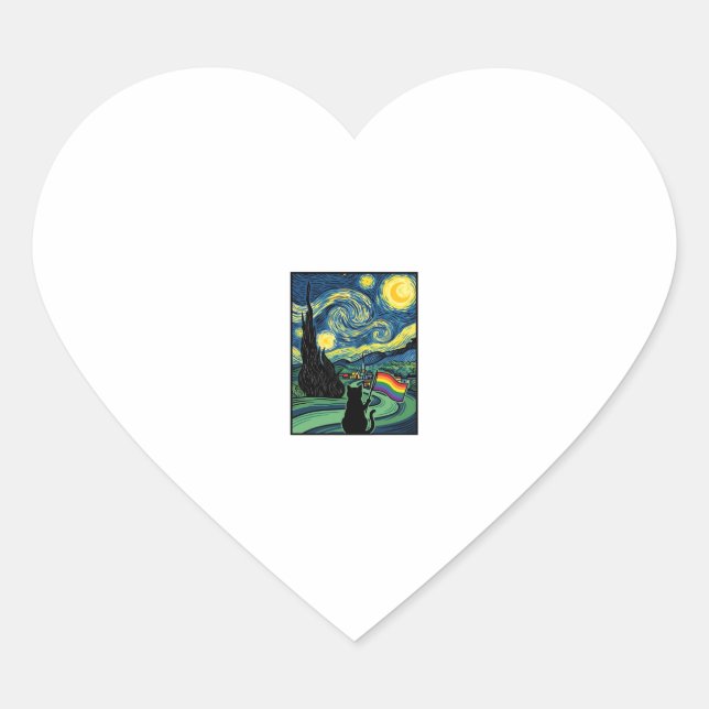 Rainbow Cat Night Landscape Vector Shirt Design_1 Heart Sticker (Front)