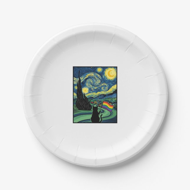 Rainbow Cat Night Landscape Vector Shirt Design_1 Paper Plate (Front)