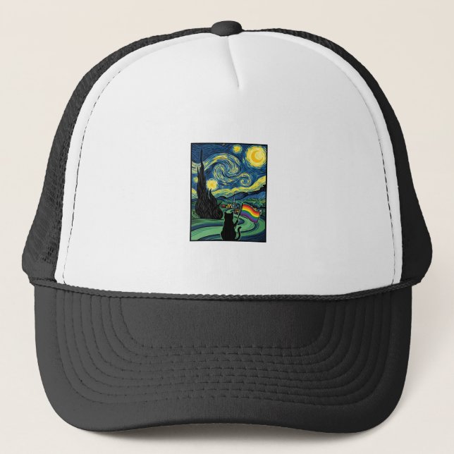 Rainbow Cat Night Landscape Vector Shirt Design_1 Trucker Hat (Front)
