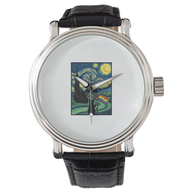 Rainbow Cat Night Landscape Vector Shirt Design_1 Watch (Front)