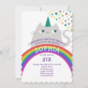 Rainbow Cat Unicorn Girl 6th Birthday Invitation