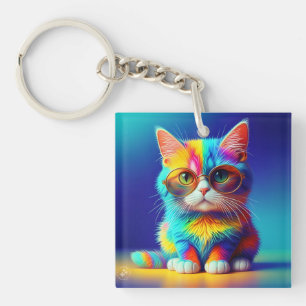 Rainbow Cat with Glasses-47567 Key Ring