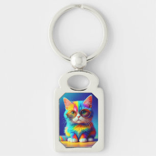 Rainbow Cat with Glasses Key Ring
