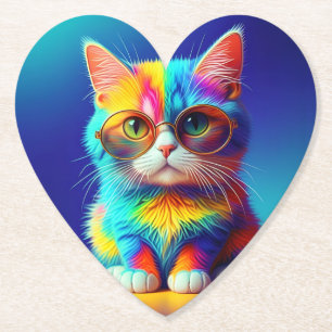 Rainbow Cat With Glasses Portrait-47567 Paper Coaster