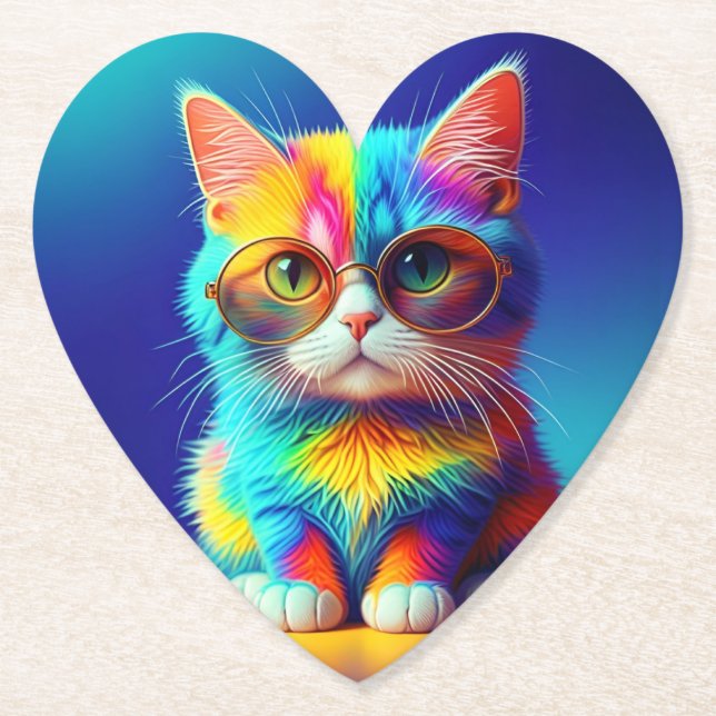 Rainbow Cat With Glasses Portrait-47567 Paper Coaster (Front)