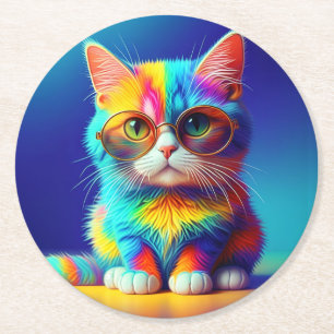 Rainbow Cat With Glasses Portrait-47567 Round Paper Coaster