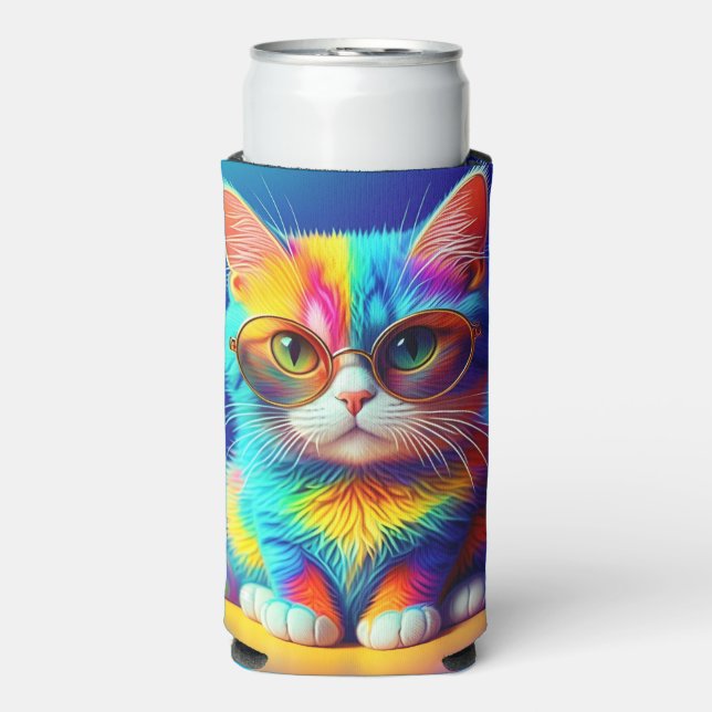 Rainbow Cat With Glasses Portrait-47567 Seltzer Can Cooler (Seltzer Front)