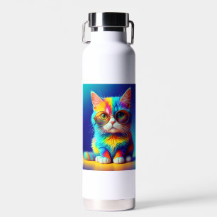 Rainbow Cat With Glasses Portrait-47567 Water Bottle
