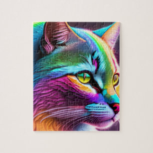 Rainbow Cat With Neon Lights, Colourful Cat Jigsaw Puzzle