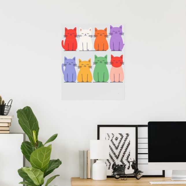 Rainbow Cats Minimalist - Cute Cartoon Cat Poster (Home Office)