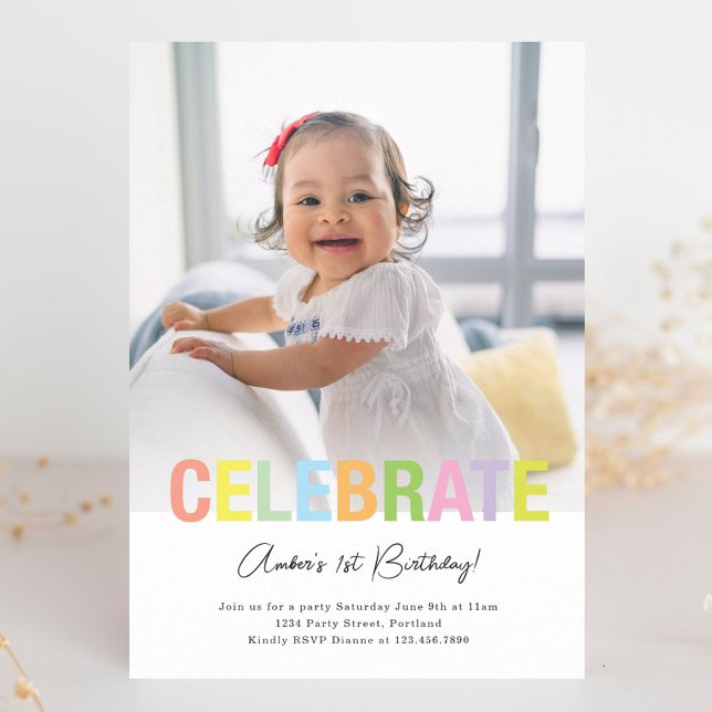 Rainbow Celebrate Photo Birthday Party Invite (Creator Uploaded)