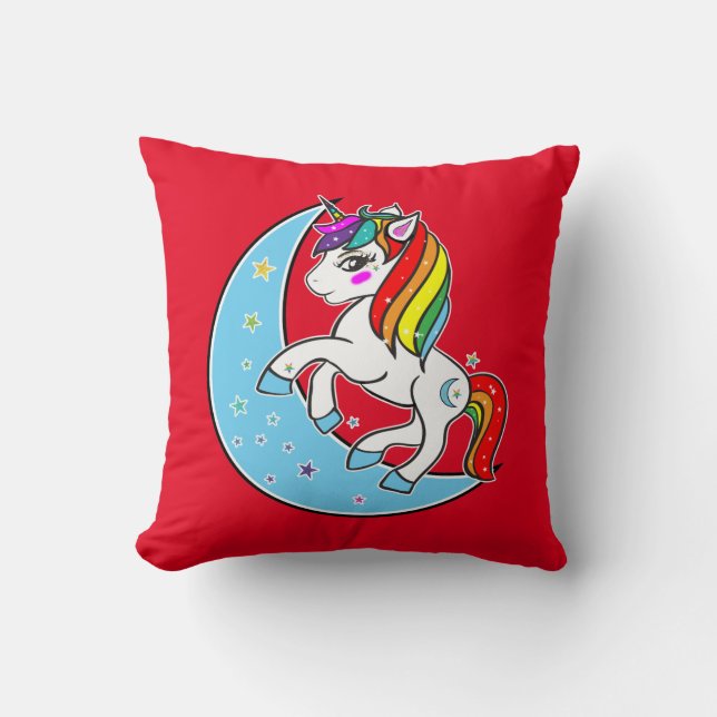 Rainbow Celestial Blue Moon & Stars Unicorn Cushion (Front)