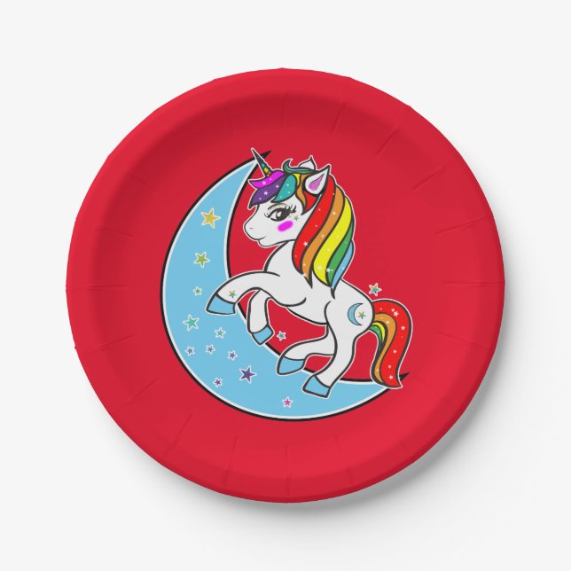 Rainbow Celestial Blue Moon & Stars Unicorn Paper Plate (Front)