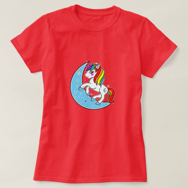 Rainbow Celestial Blue Moon & Stars Unicorn T-Shirt (Design Front)