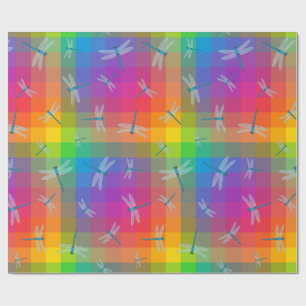 Rainbow Check with Dragonflies Wrapping Paper
