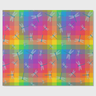 Rainbow Check with Dragonflies Wrapping Paper