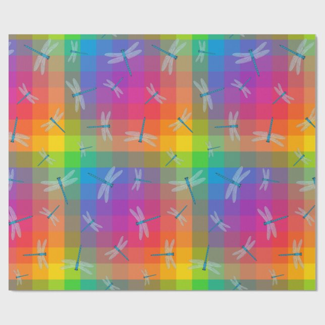 Rainbow Check with Dragonflies Wrapping Paper (Flat)