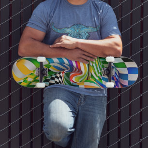 Rainbow Checkerboard & Stripes Digital Art Skateboard