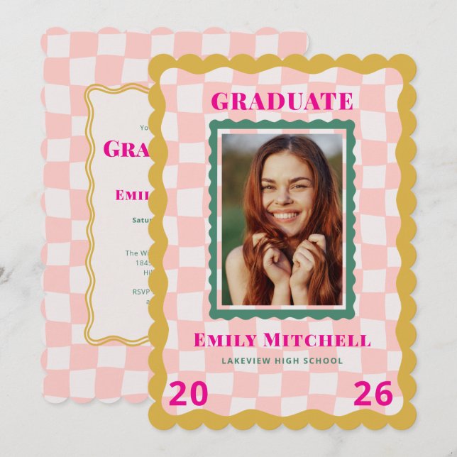 Rainbow Checkered Grad Invitation with Photo (Front/Back)
