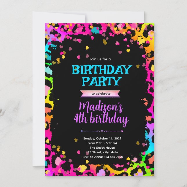 Rainbow cheetah leopard birthday Party Invitation (Front)
