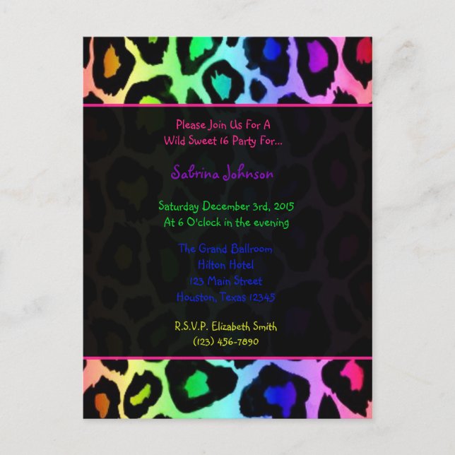 Rainbow Cheetah Wild Sweet 16 Birthday Party Invitation Postcard (Front)