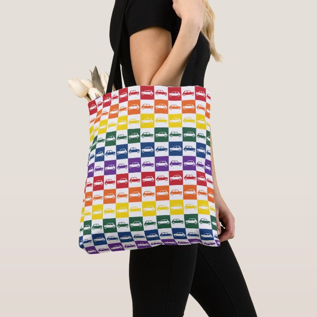 Rainbow Chequerboard Mini Cooper Tote Bag (Close Up)
