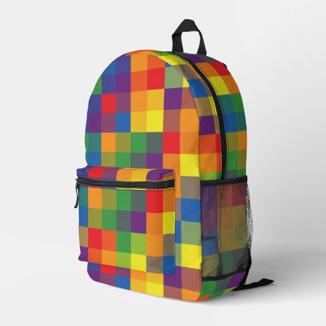 Rainbow Chequerboard Plaid Pride Colours Printed Backpack (Back Corner Right)