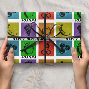 Rainbow Chequered Fruit Stamps Happy Birthday Name Wrapping Paper