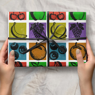 Rainbow Chequered Fruit Stamps Wrapping Paper