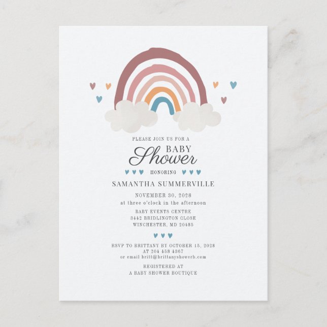 Rainbow Chic Boho Watercolor Script Baby Shower Invitation Postcard (Front)