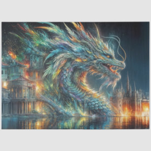 Rainbow Chinese Dragon in Water Decoupage  Tissue Paper