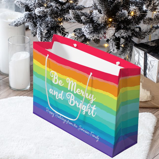Rainbow Christmas Be Merry and Bright Custom Party Large Gift Bag (Creator Uploaded)