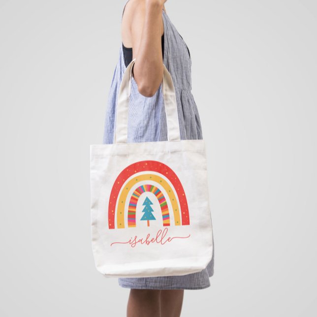 Rainbow Christmas colourful cute fun personalised Tote Bag (Creator Uploaded)