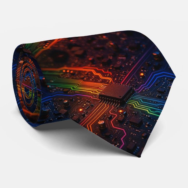 Rainbow Circuit Board Necktie – Colorful Tech Geek (Rolled)