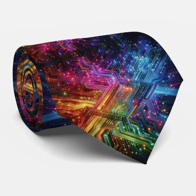 Rainbow Circuit Board Necktie – Colourful Tech Gee (Rolled)