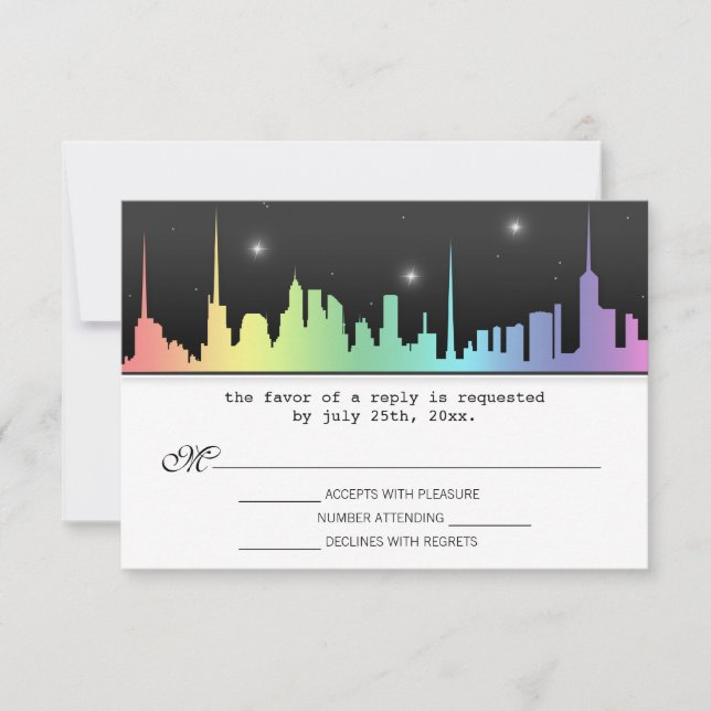 Rainbow City Skyline Reception RSVP Reply Cards (Front)
