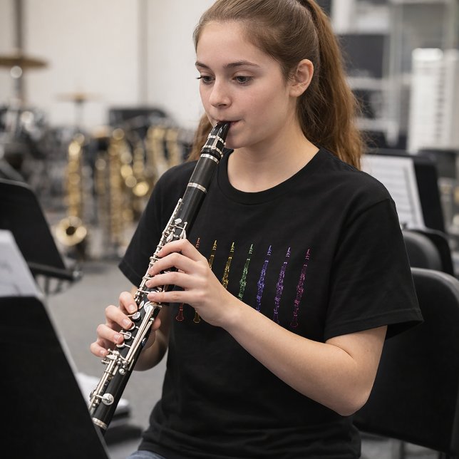 Rainbow Clarinet Design for Musicians T-Shirt (A dark tshirt with clarinets in red, orange, yellow, green, blue, pink and purple.)