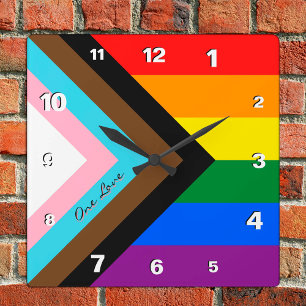 Rainbow Clock, Progress Rainbow Flag, LGBTQ /Pride Square Wall Clock
