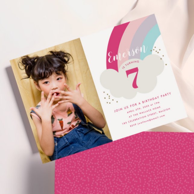Rainbow cloud children's photo birthday party invitation (Kids Rainbow Photo Birthday Party Invitations.)