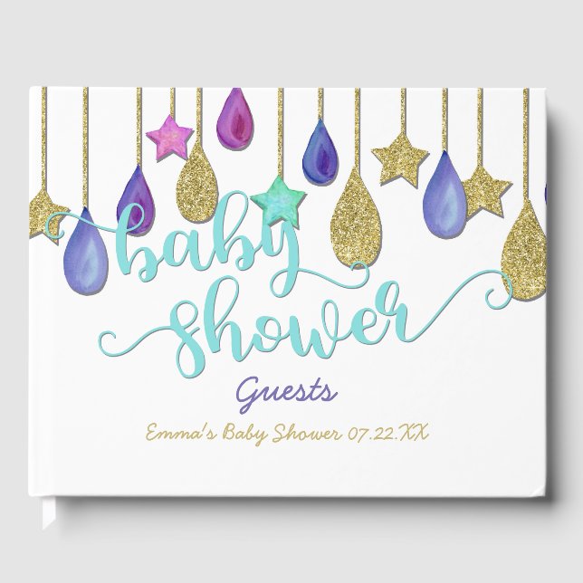Rainbow Cloud Gold Glitter Baby Shower Guest Book (Front)
