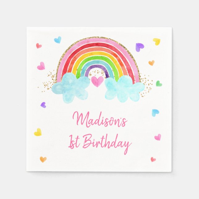 Rainbow Cloud Hearts Pink Gold Birthday Napkin (Front)