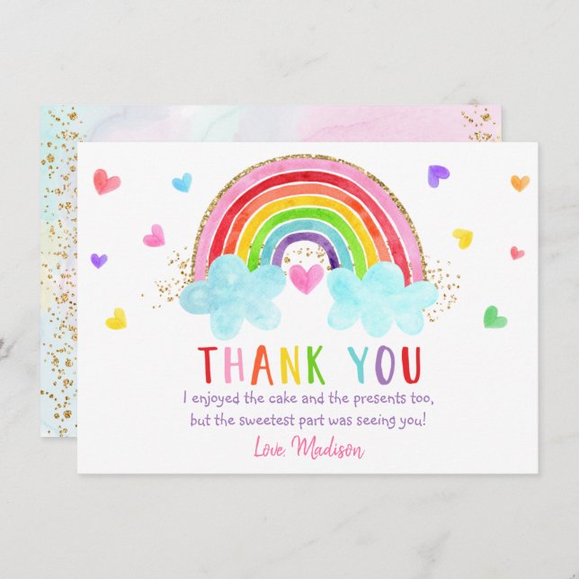 Rainbow Cloud Hearts Pink Gold Birthday Thank You Card (Front/Back)