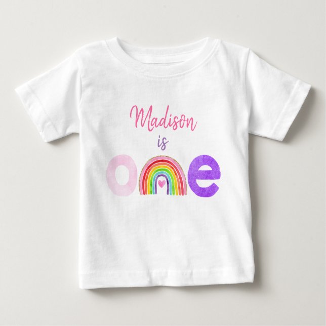 Rainbow Cloud Hearts Pink Gold First Birthday Baby T-Shirt (Front)