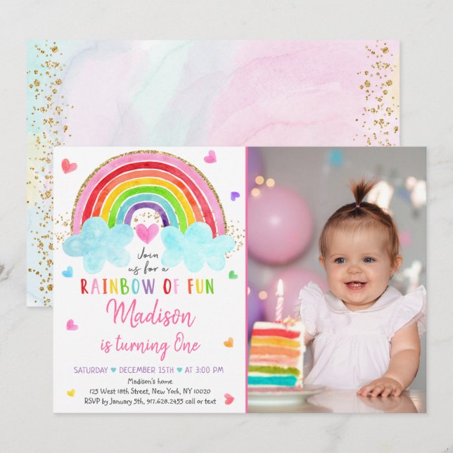 Rainbow Cloud Hearts Watercolor Birthday Invitation (Front/Back)