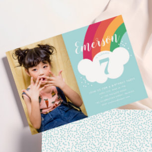 Rainbow Cloud Photo Kids Birthday Party Invitation