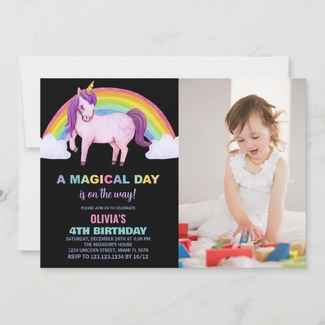 Rainbow Cloud Unicorn Birthday Invitations w photo (Front)