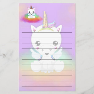 Rainbow Cloud Unicorn on Purple Stationery