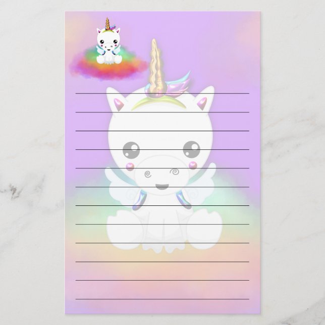 Rainbow Cloud Unicorn on Purple Stationery (Front)